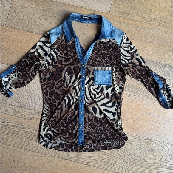 Pastels Clothing Tops - Pastel shirt with a leopard zebra print on mesh, denim accents rhinestone